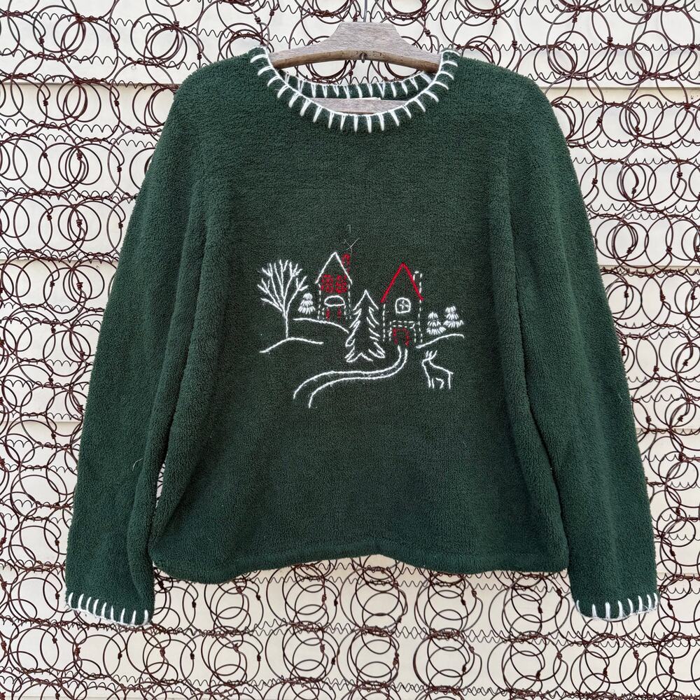 Vintage Y2K Christopher and Banks Christmas Cabincore Fleece Sweater Green XL